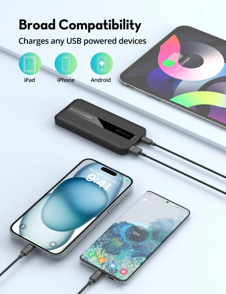 RAVPower Power Bank 10000mAh 20W Battery with Type-C port and USB-A Port - Black