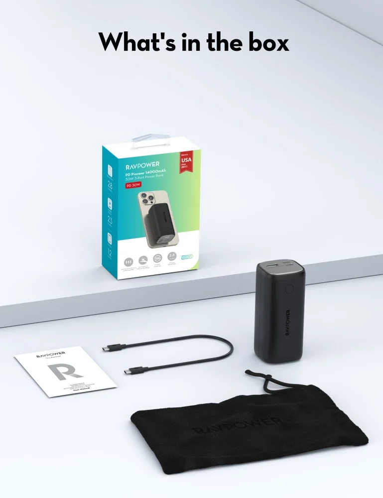 RAVPower 14000mAh 30W Battery With Two Type-C PD Ports and a USB Port - Black