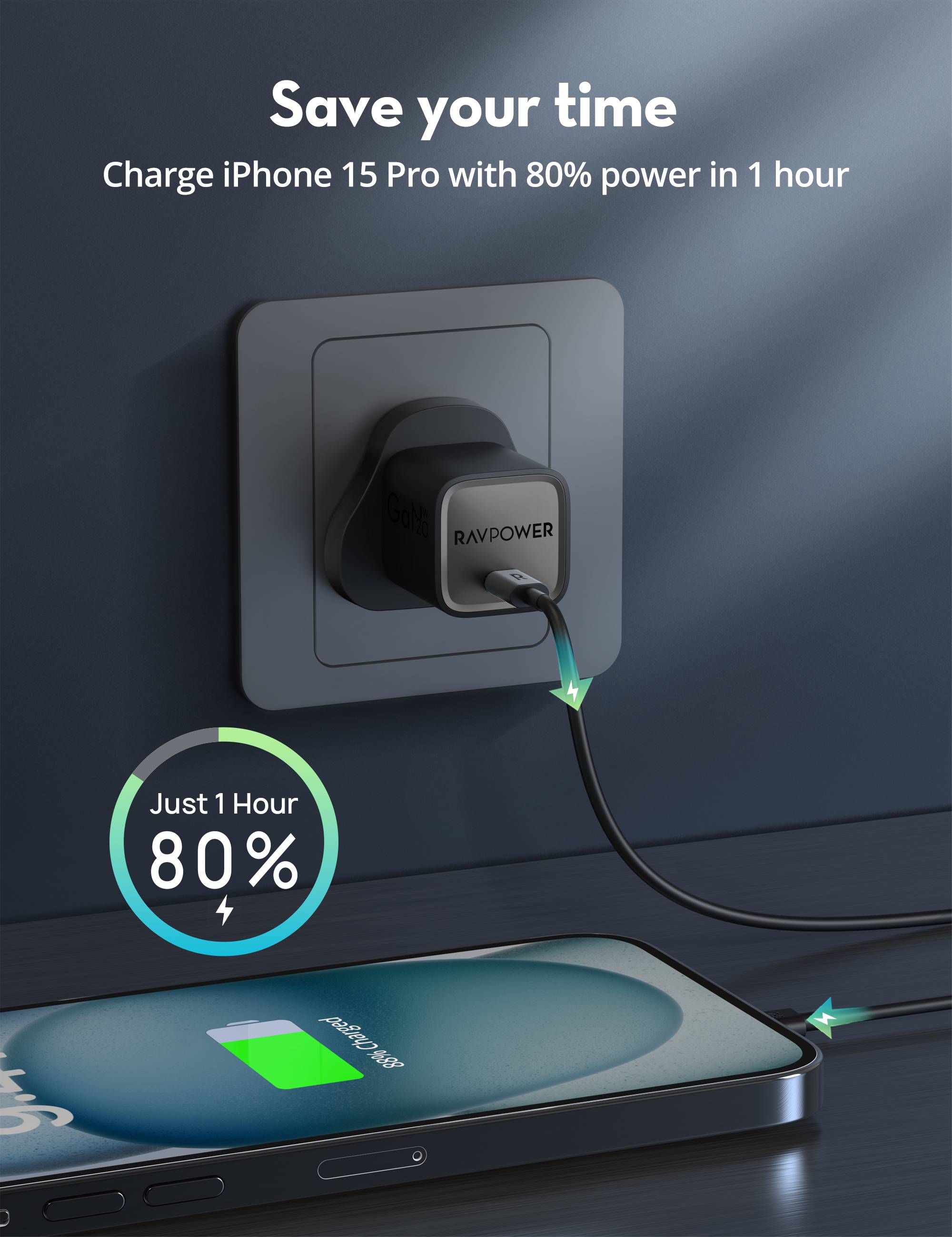 RAVPower PD Pioneer 20W GaN 5.0 -Port Wall Charger - Black