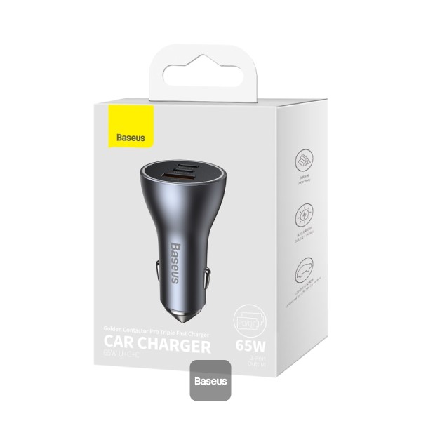 Baseus Golden Contactor Pro USB-A car charger + 2x USB-C 65W - Dark Gray