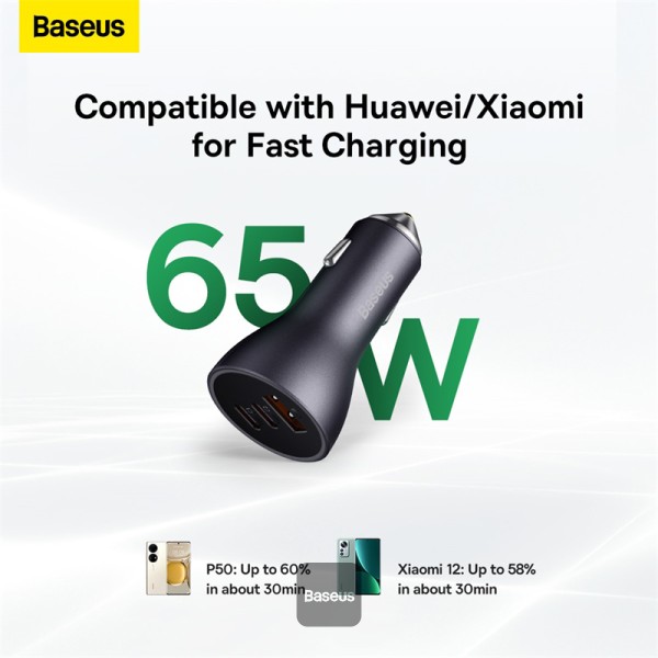 Baseus Golden Contactor Pro USB-A car charger + 2x USB-C 65W - Dark Gray
