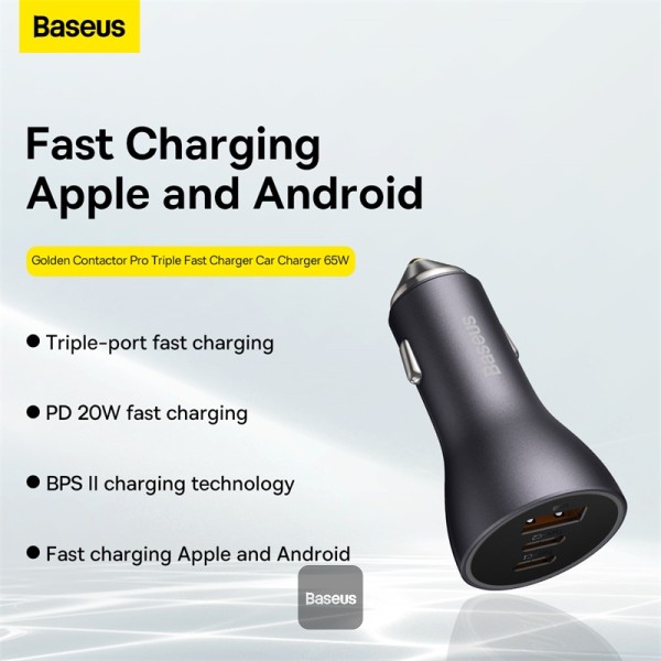 Baseus Golden Contactor Pro USB-A car charger + 2x USB-C 65W - Dark Gray