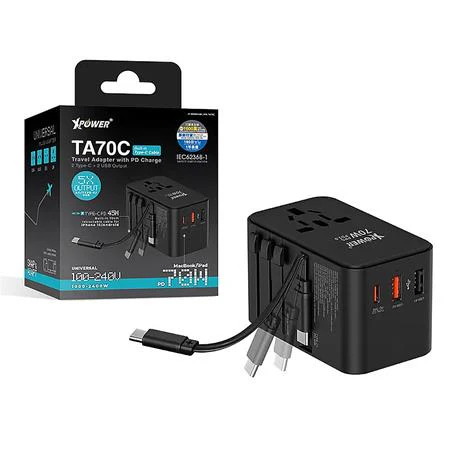 XPower TA70C 70W PD output PPS GaN Travel Adaptor Built-in Type-C Cable – Black