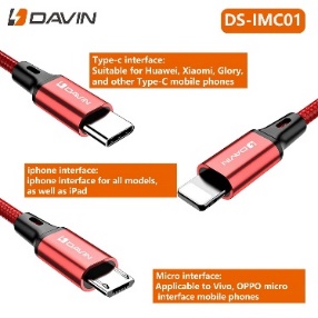 Davin 3-In-1 Fast Charging Data Cable Ds- IMCO1 1200mm (Micro USB, Lightning, and Type-C)