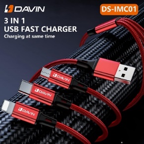 Davin 3-In-1 Fast Charging Data Cable Ds- IMCO1 1200mm (Micro USB, Lightning, and Type-C)