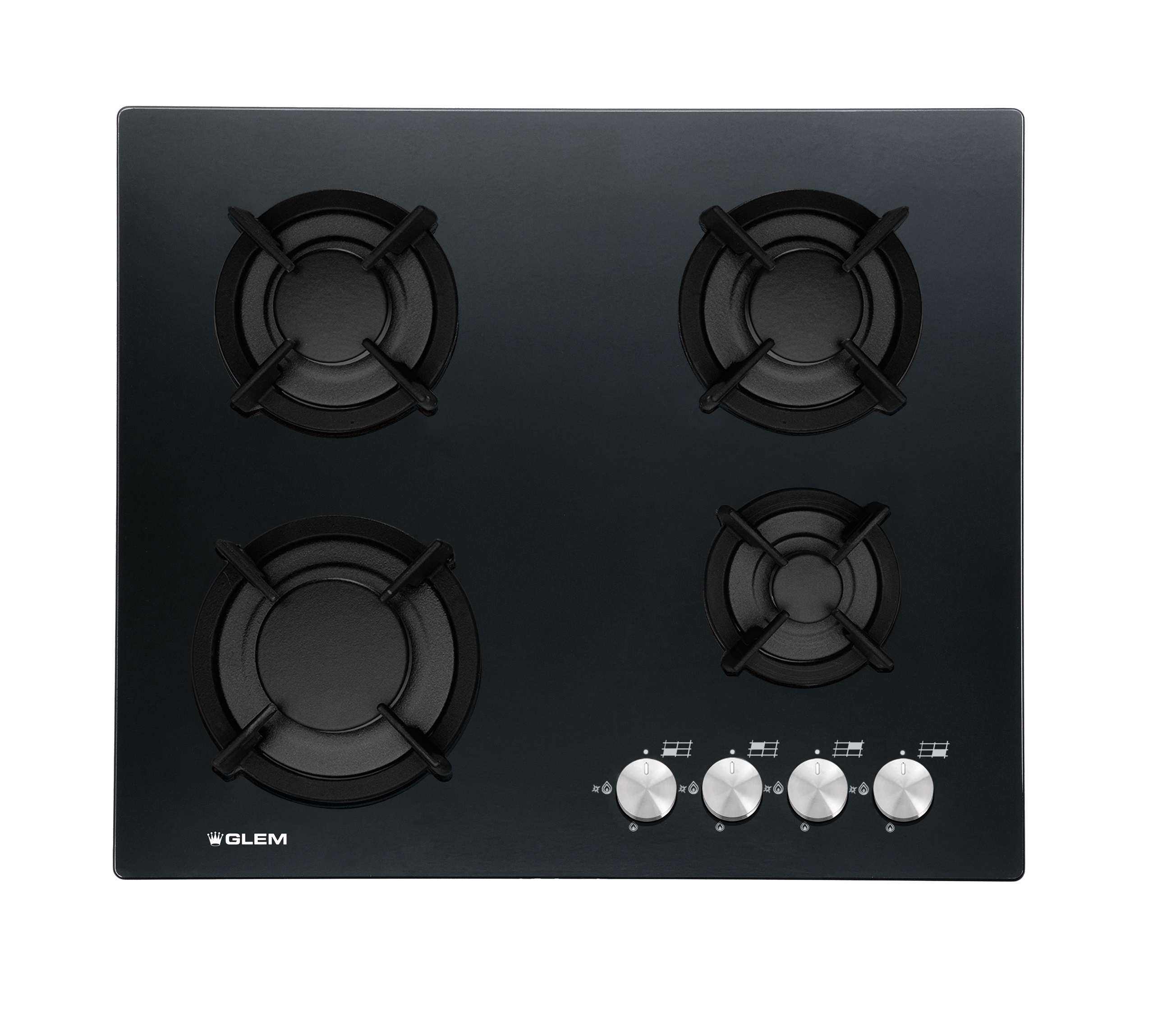 Glem Gas Crystal Glass 4 Burners Gas Hob 60 Cm GLGV64HBK - Stainless Steel