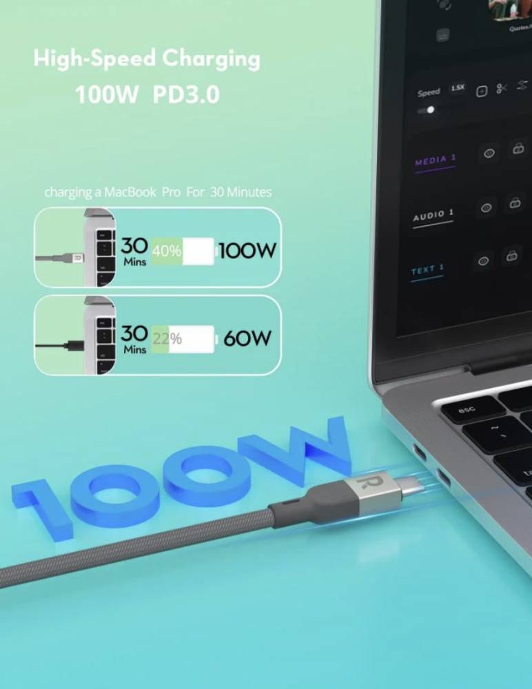 RAVPower Type-C to Type-C Magnetic Nylon Braided Cable 100W 1.2M