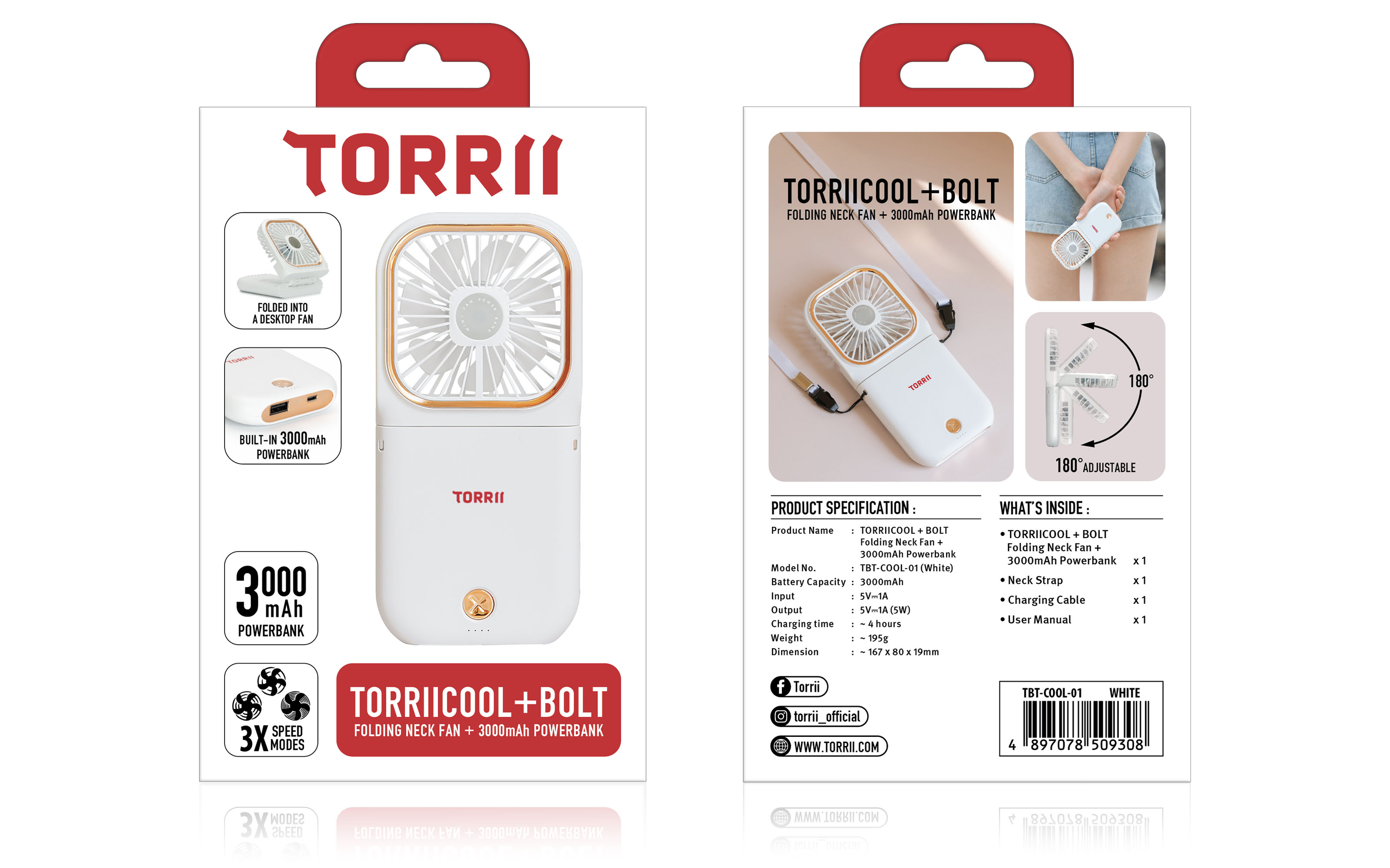 Torrii Cool Foldable Neck Fan with 3000mAh Powerbank - White