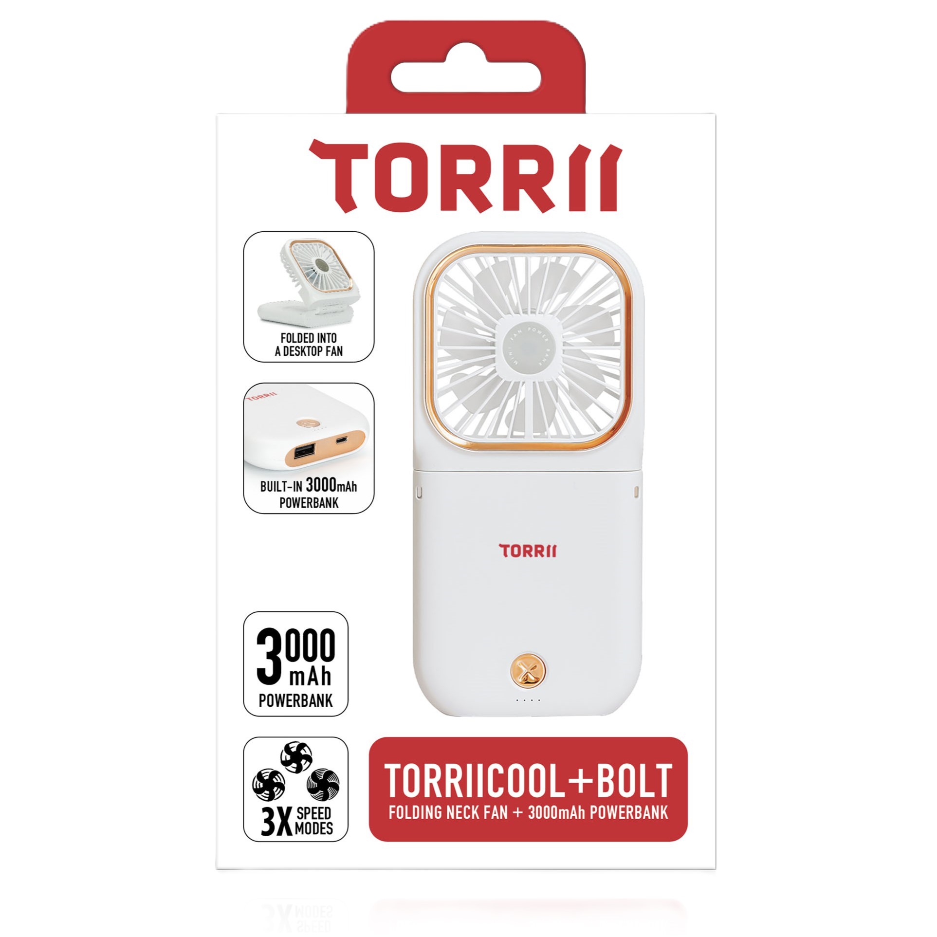 Torrii Cool Foldable Neck Fan with 3000mAh Powerbank - White