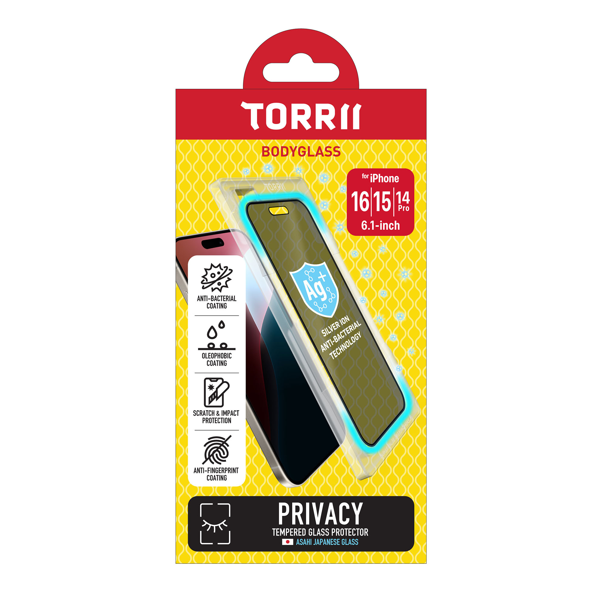 Torrii Bodyglass Screen Protector Tempered Glass For iPhone 16 (6.1”) / 15 / 14 Pro Anti-Bacterial Coating - Privacy