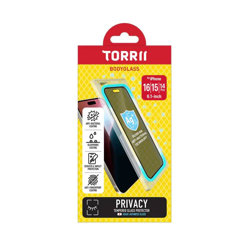 Torrii Bodyglass Screen Protector Tempered Glass For iPhone 16 (6.1”) / 15 / 14 Pro Anti-Bacterial Coating - Privacy