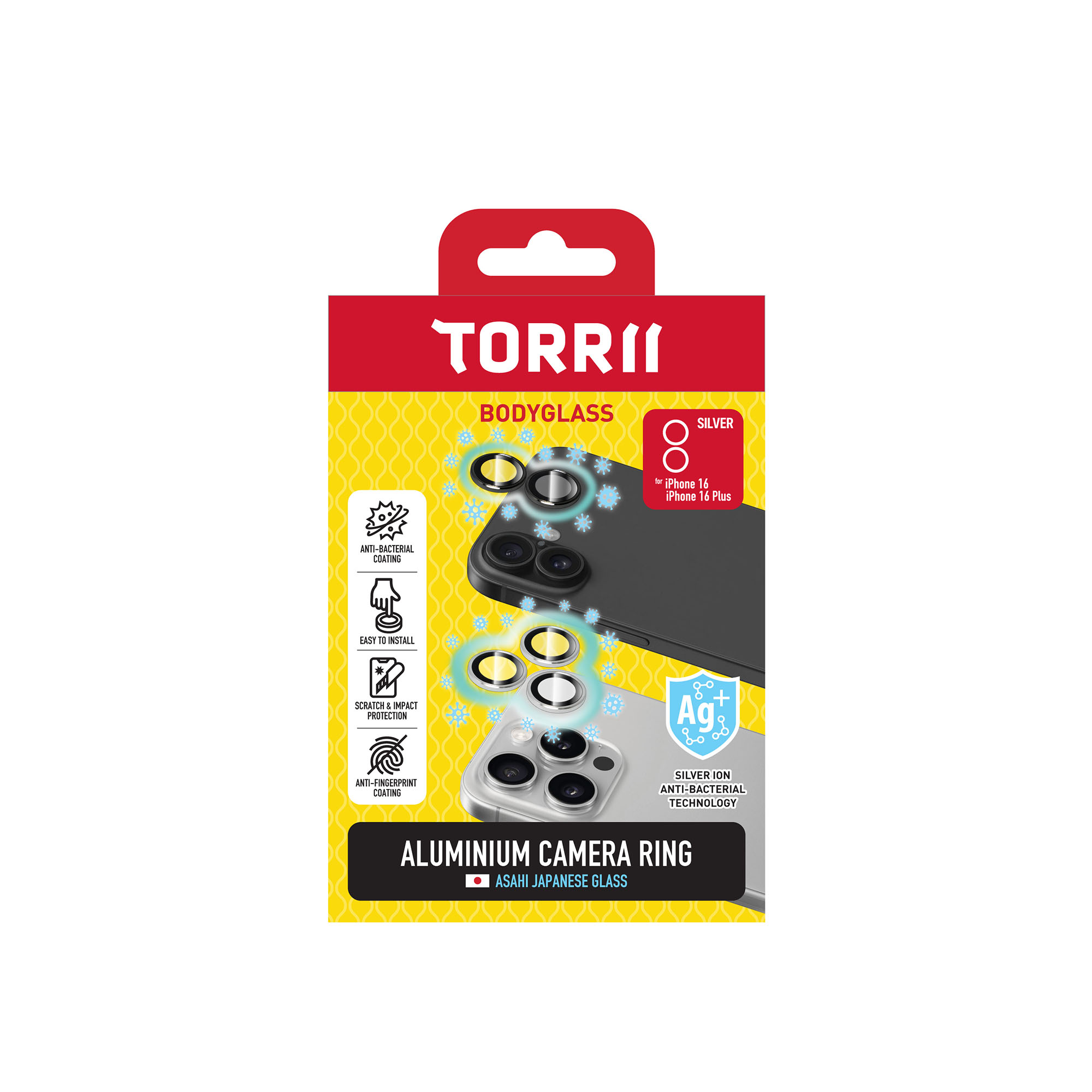 Torrii Bodyglass Aluminium Camera Lens Protector Ring For iPhone 16 / iPhone 16 Plus (Anti-Bacterial Coating) - Silver