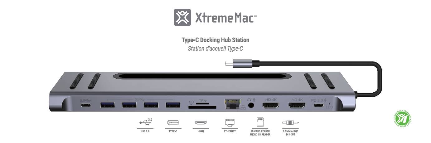 Xtrememac Type-C 12 In 1 Docking Hub Station - Ethernet, 2* HDMI 4K, SD, MSD Cards, USB-C PD 100W, USB-C, 4* USB 3.0, Audio In/Out