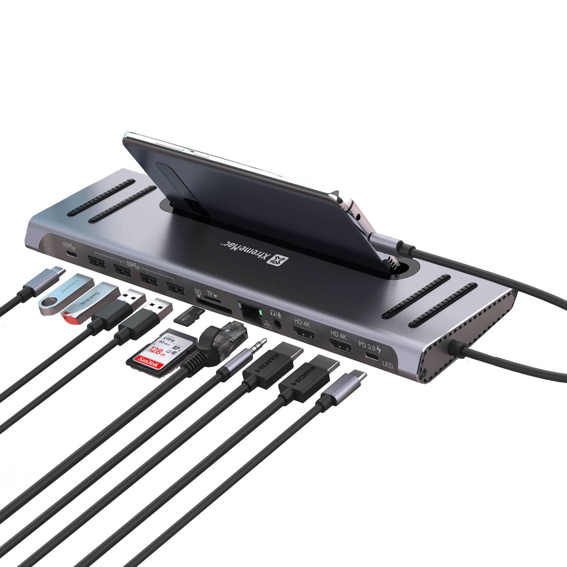 Xtrememac Type-C 12 In 1 Docking Hub Station - Ethernet, 2* HDMI 4K, SD, MSD Cards, USB-C PD 100W, USB-C, 4* USB 3.0, Audio In/Out