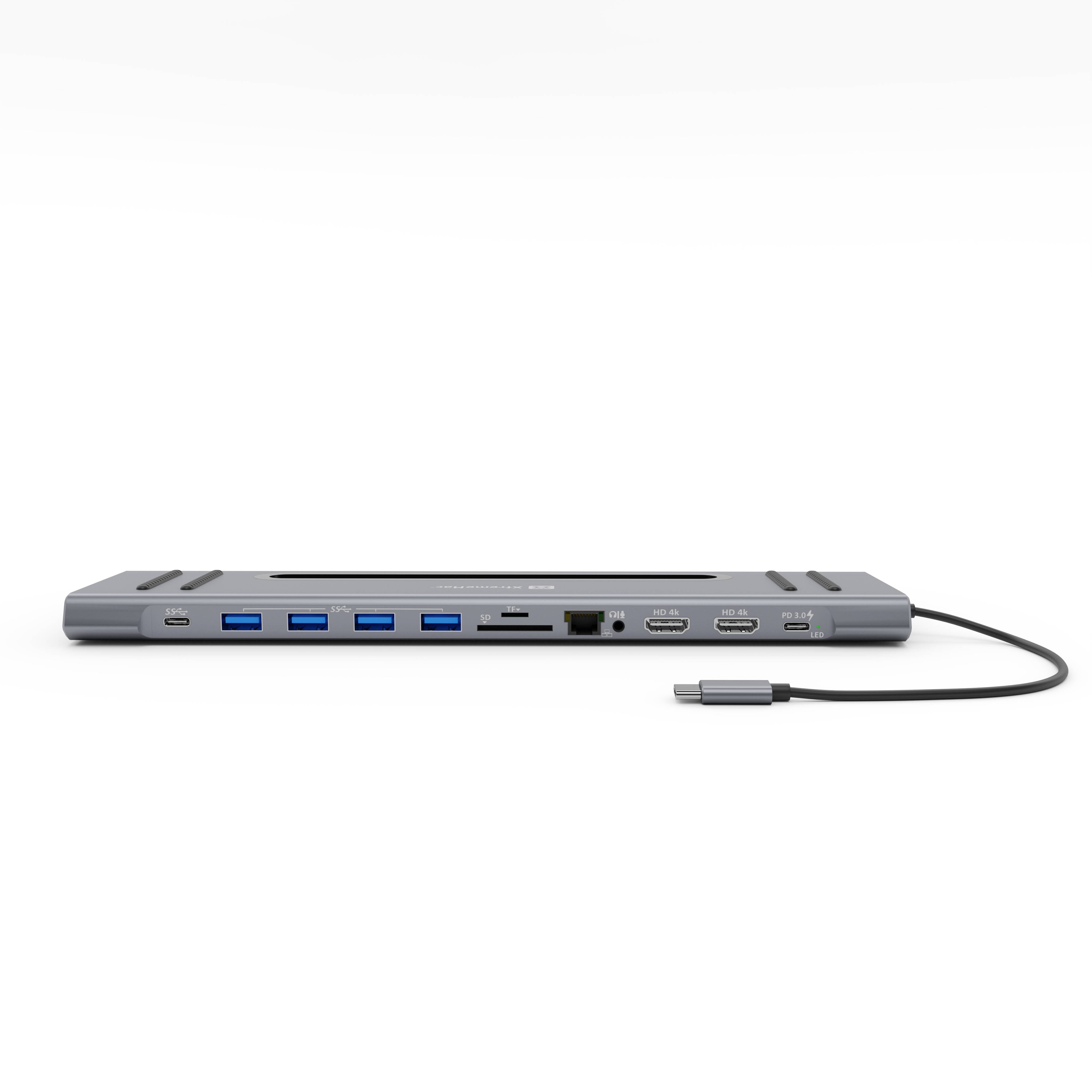 Xtrememac Type-C 12 In 1 Docking Hub Station - Ethernet, 2* HDMI 4K, SD, MSD Cards, USB-C PD 100W, USB-C, 4* USB 3.0, Audio In/Out