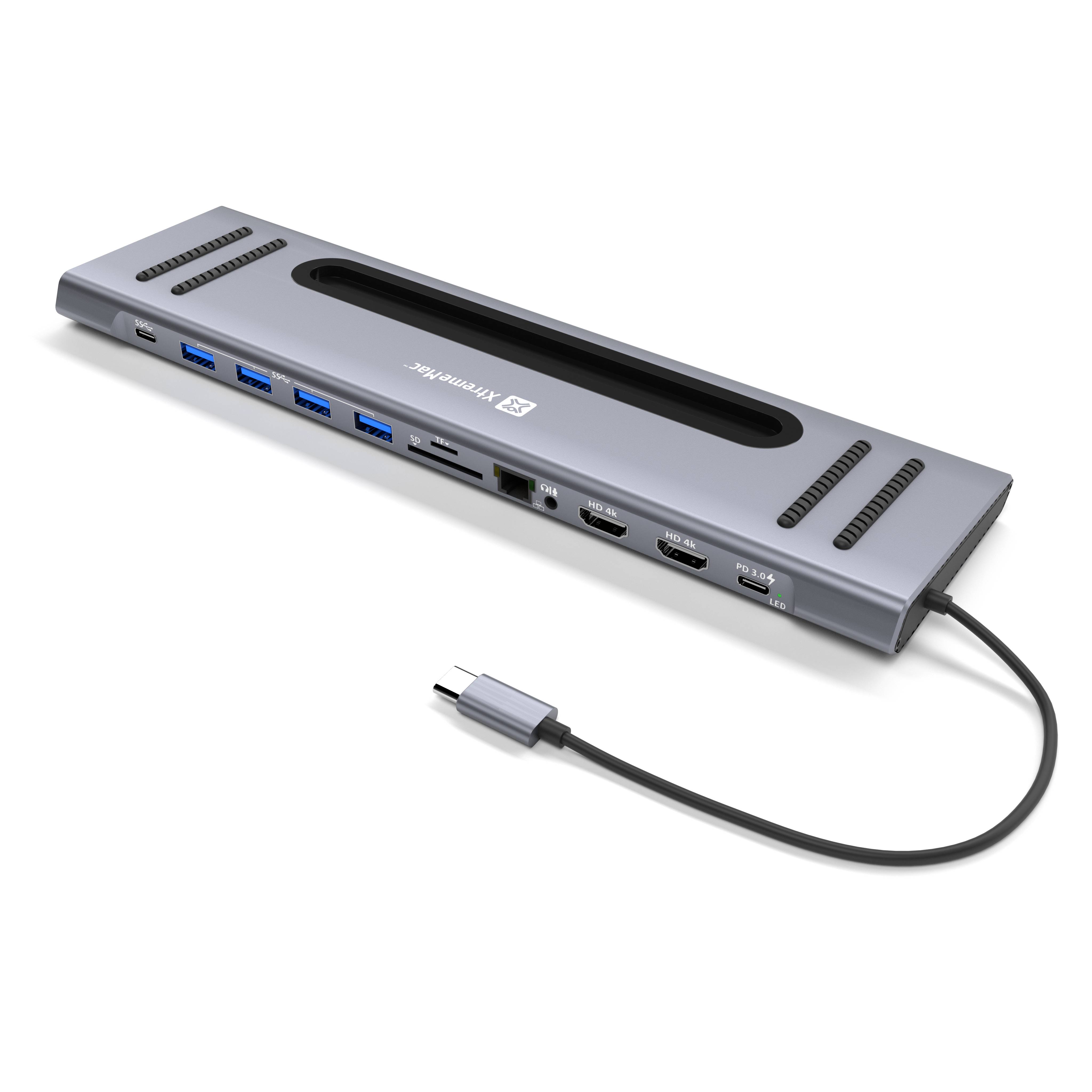Xtrememac Type-C 12 In 1 Docking Hub Station - Ethernet, 2* HDMI 4K, SD, MSD Cards, USB-C PD 100W, USB-C, 4* USB 3.0, Audio In/Out