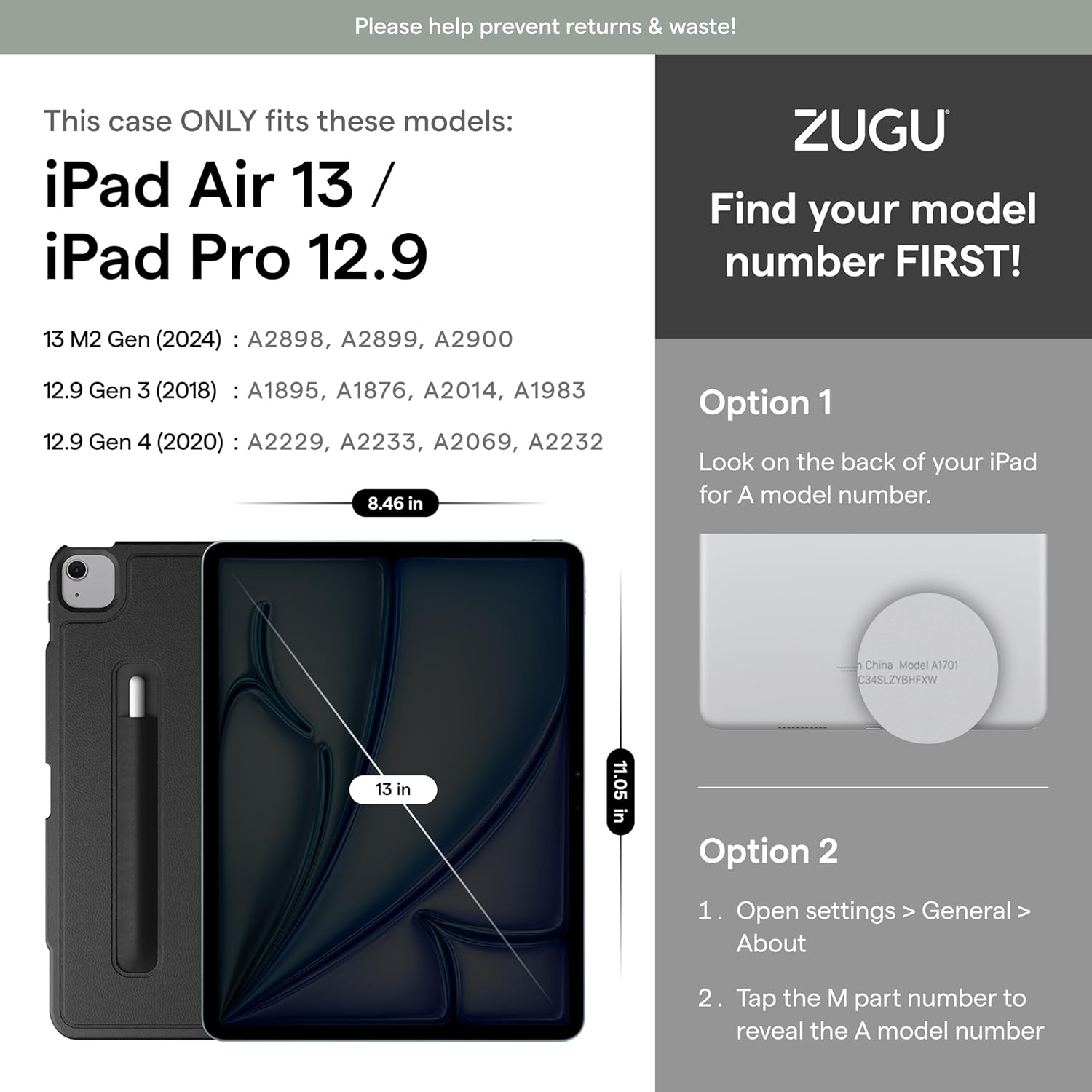 Zugu Case iPad Air 13 (2024) / iPad Pro 12.9 3/4 (2018/2020) Case - Black