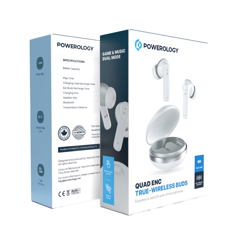 Powerology TWS Earphone with Quard Mic ENC - White