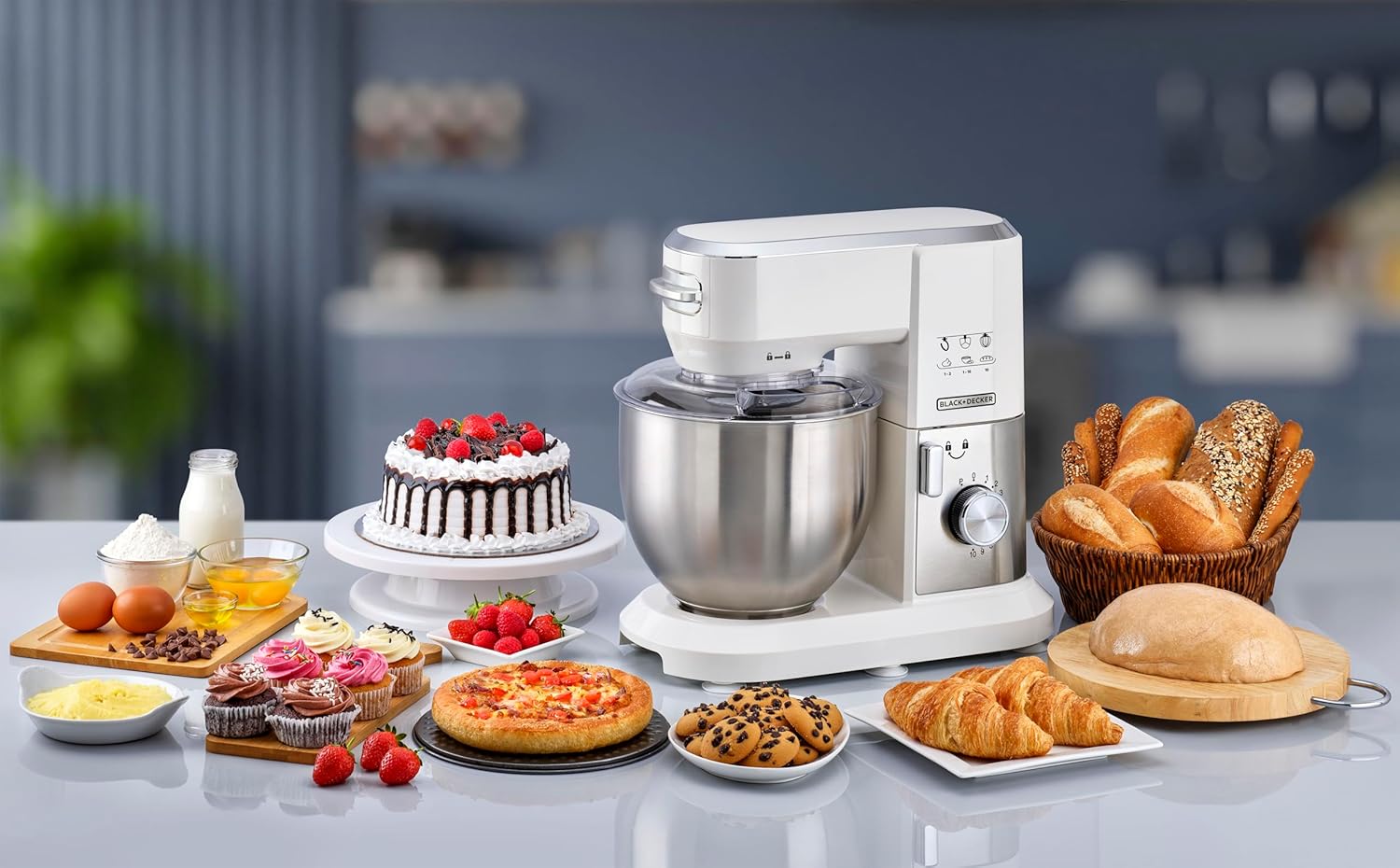 Black + Decker 1000W Multifunction Stand Mixer White and Silver