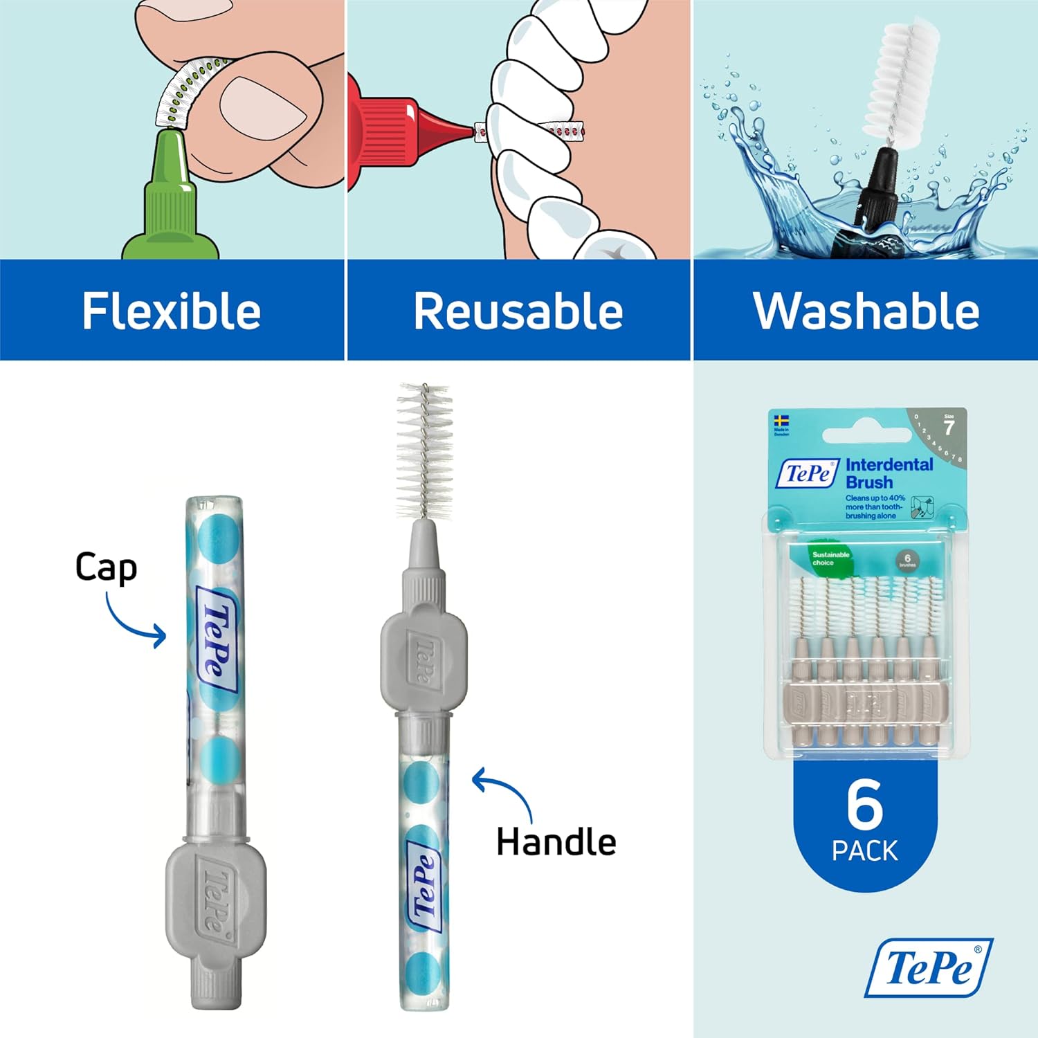 Tepe Interdental Brush, 1.3 mm, Grey, Blister Pack of 6