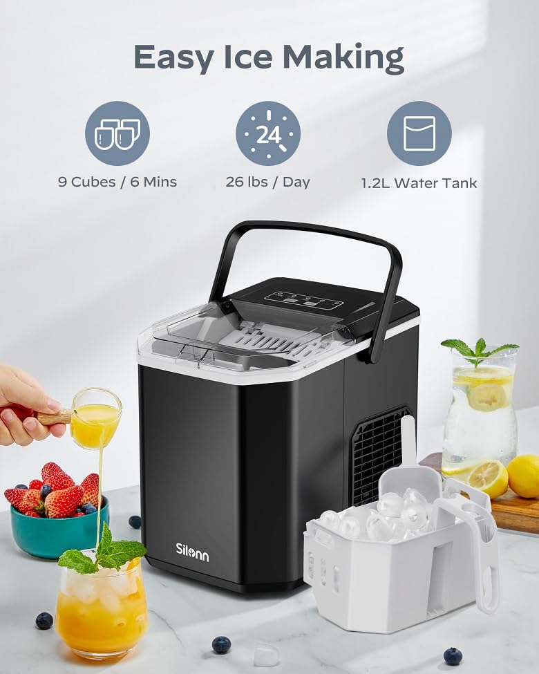 Silonn Portable Ice Machine with Carry Handle, Self-Cleaning Ice Makers with Basket and Scoop - Blac