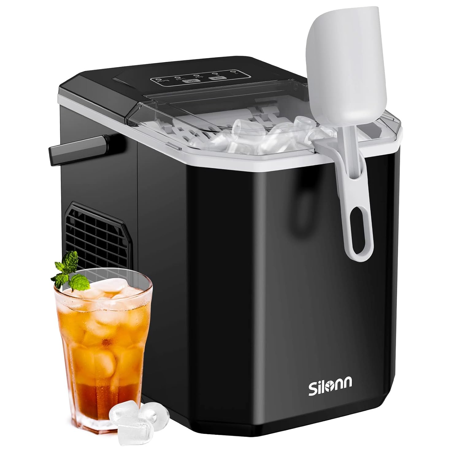 Silonn Portable Ice Machine with Carry Handle, Self-Cleaning Ice Makers with Basket and Scoop - Blac