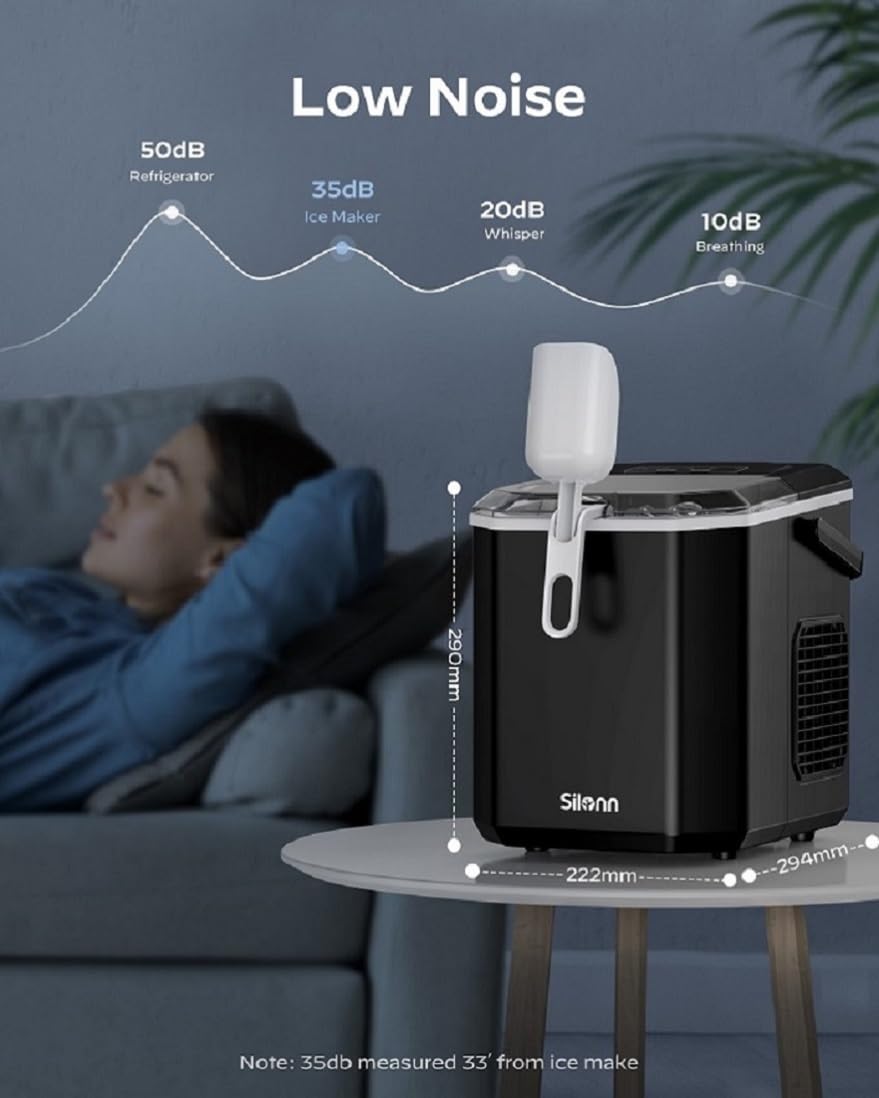Silonn Portable Ice Machine with Carry Handle, Self-Cleaning Ice Makers with Basket and Scoop - Blac