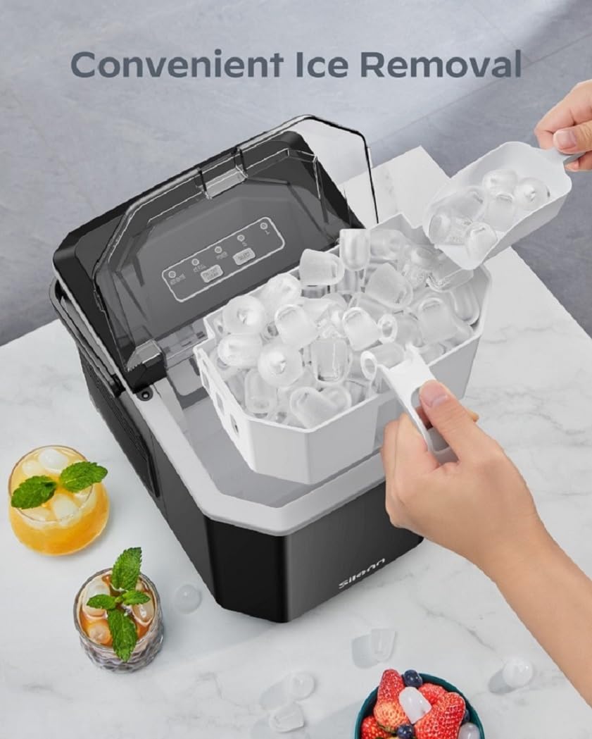 Silonn Portable Ice Machine with Carry Handle, Self-Cleaning Ice Makers with Basket and Scoop - Blac