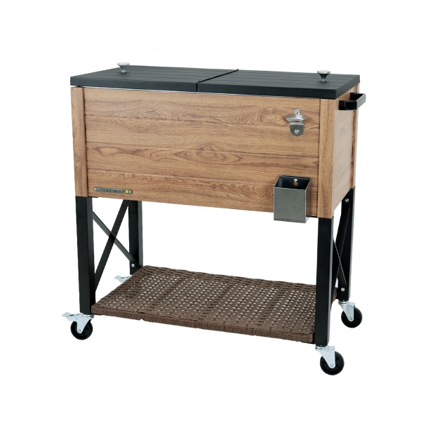 Permasteel 76 Liters – 80 QT- Rustic Wood Grain Style Rolling Patio Cooler with Wicker Bottom Shelf