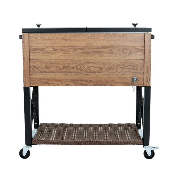 Permasteel 76 Liters – 80 QT- Rustic Wood Grain Style Rolling Patio Cooler with Wicker Bottom Shelf