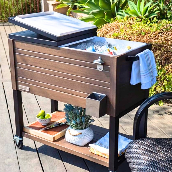 Permasteel 76 Liters – 80 QT- Rustic Wood Grain Style Rolling Patio Cooler with Wicker Bottom Shelf