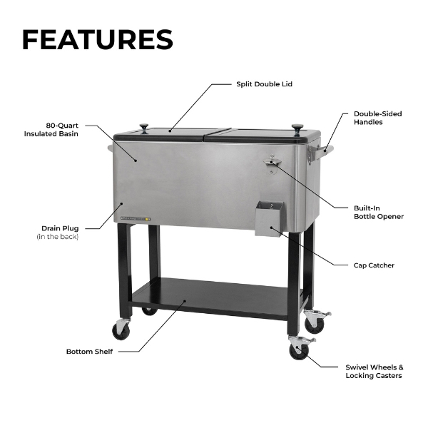 Permasteel 76 Liters – 80 QT – Stainless Steel Rolling Patio Cooler With Removable Basin