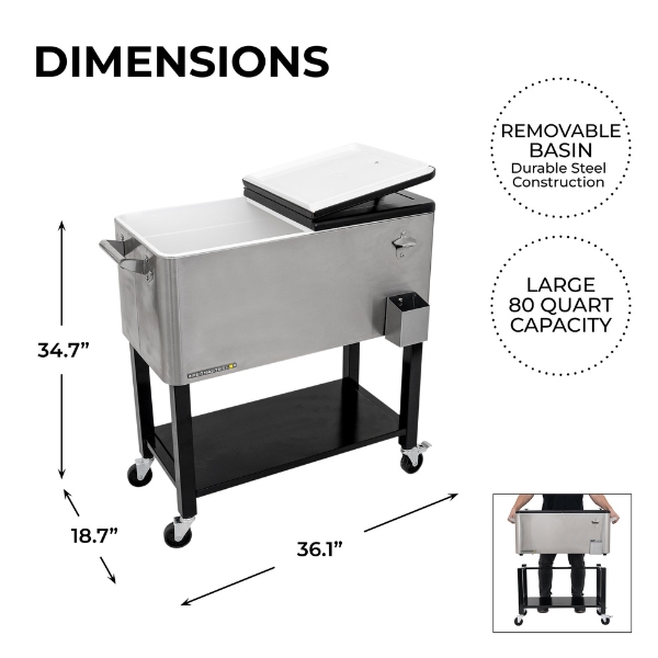 Permasteel 76 Liters – 80 QT – Stainless Steel Rolling Patio Cooler With Removable Basin