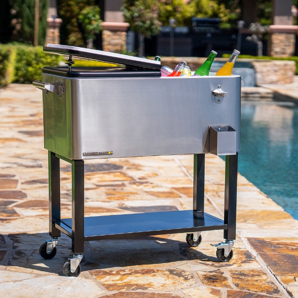 Permasteel 76 Liters – 80 QT – Stainless Steel Rolling Patio Cooler With Removable Basin