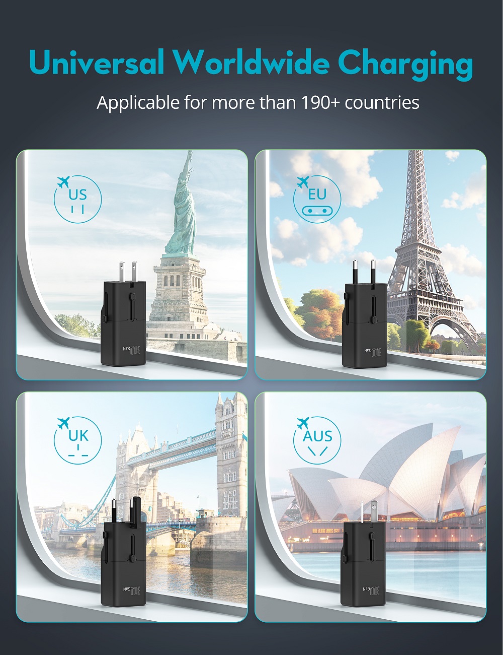 RAVPower RP-PC1060 Super Mini 1C Port PD30W Travel adapter (UK, EU, US, AUS Plug) - Black