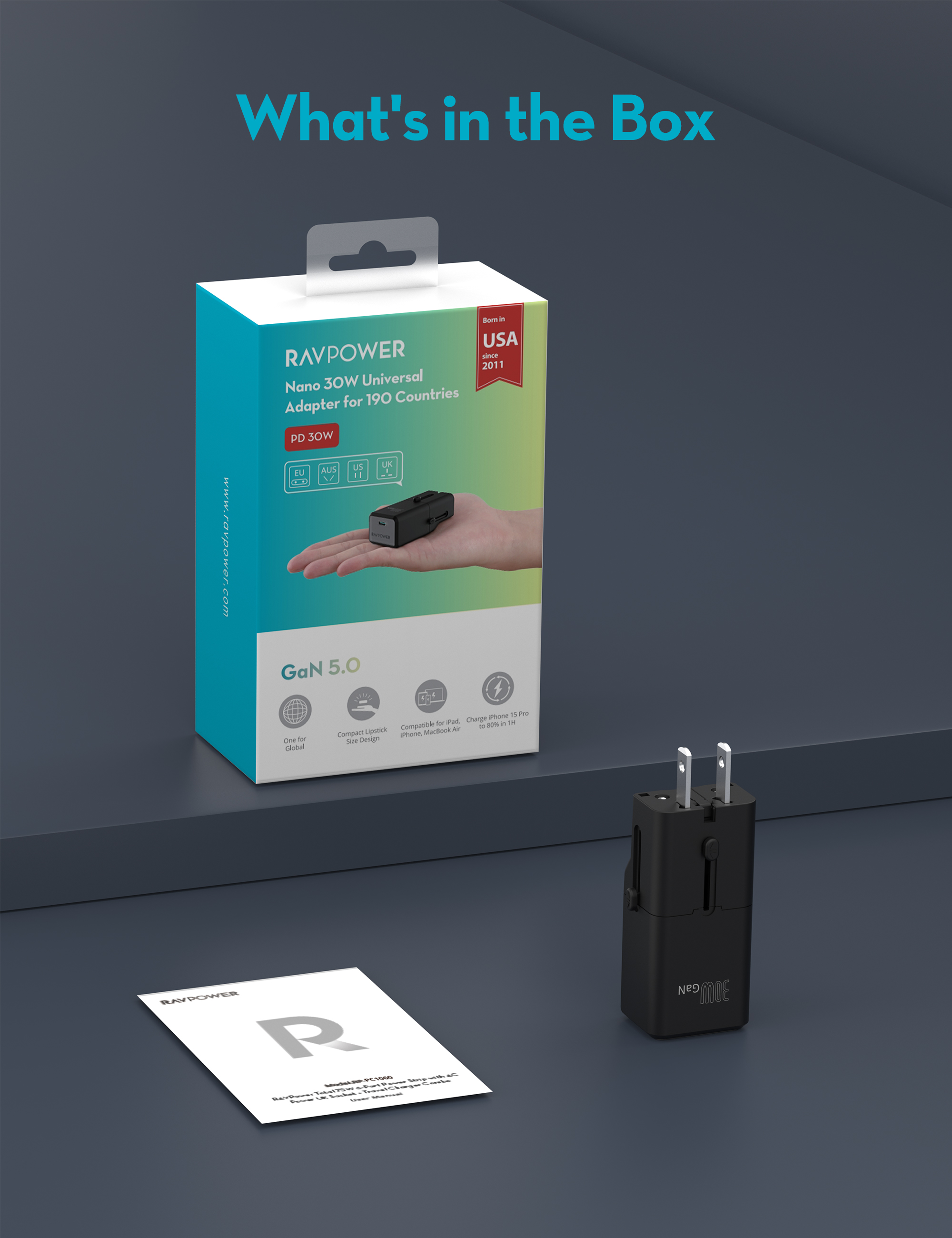 RAVPower RP-PC1060 Super Mini 1C Port PD30W Travel adapter (UK, EU, US, AUS Plug) - Black