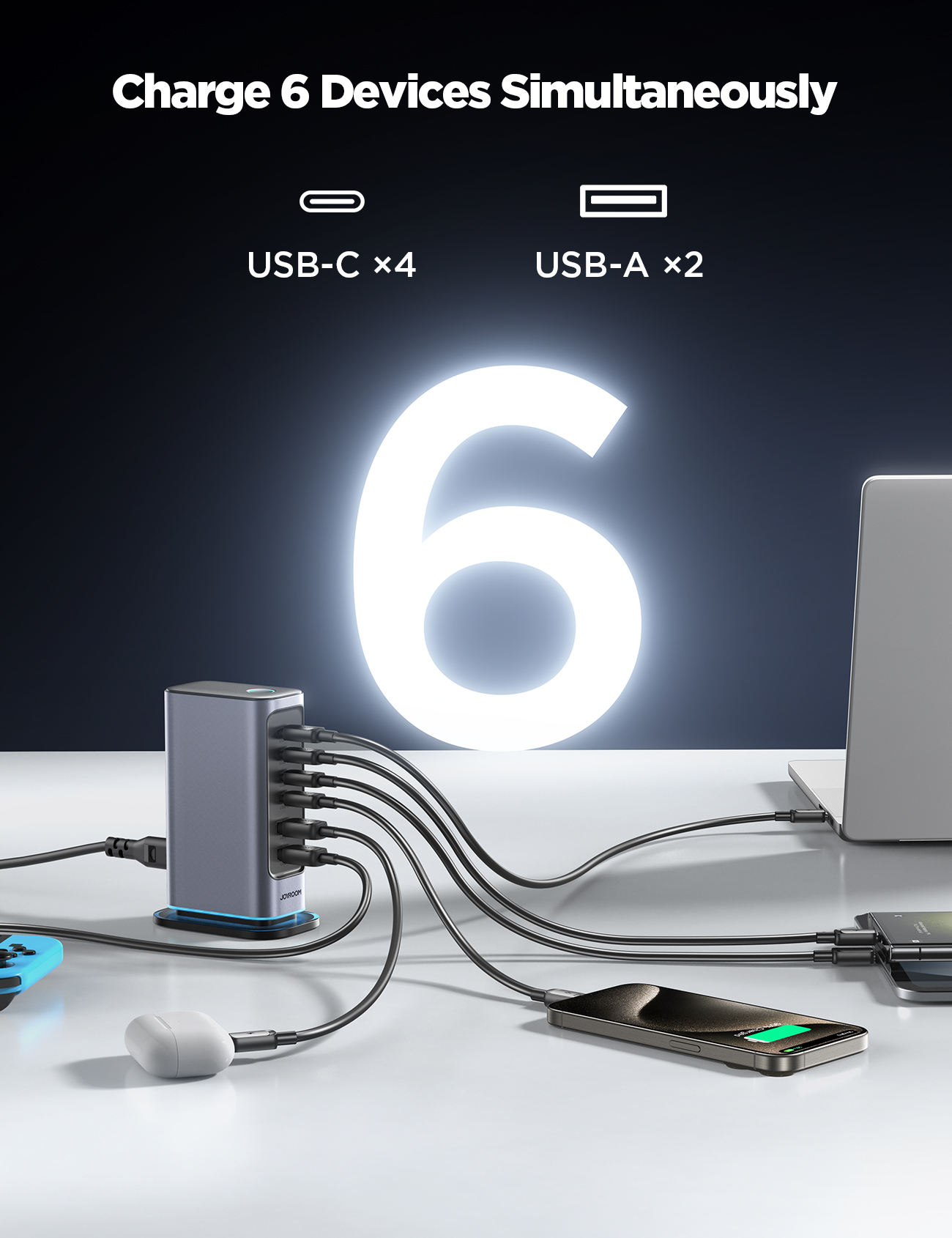 Joyroom JR-TCM02 6 in 1 65W GaN 4 USB-C & 2 USB-A Multi-port Charger, Power Plug: UK Plug - Dark Gray