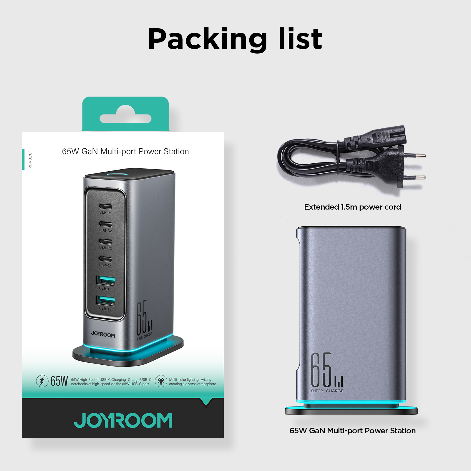 Joyroom JR-TCM02 6 in 1 65W GaN 4 USB-C & 2 USB-A Multi-port Charger, Power Plug: UK Plug - Dark Gray