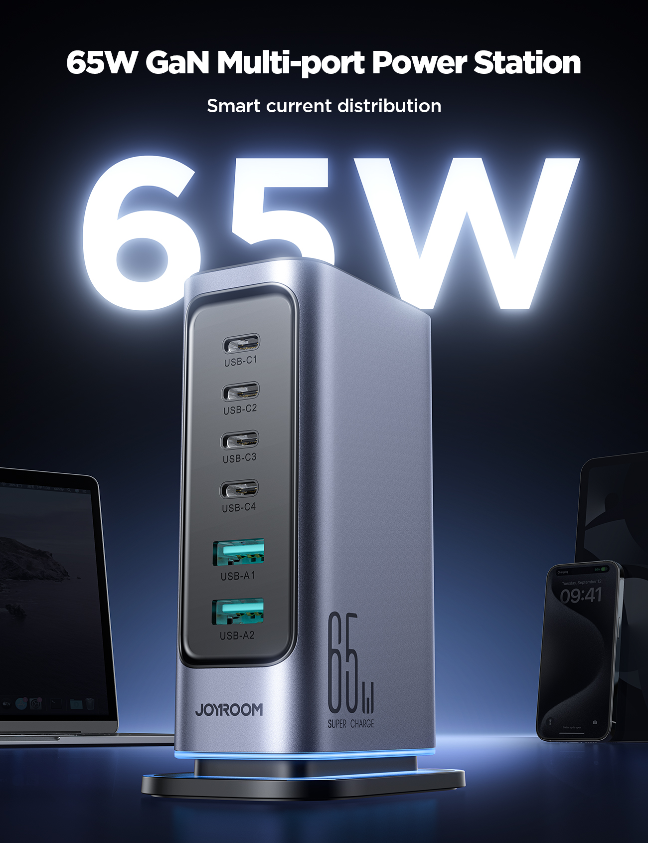 Joyroom JR-TCM02 6 in 1 65W GaN 4 USB-C & 2 USB-A Multi-port Charger, Power Plug: UK Plug - Dark Gray