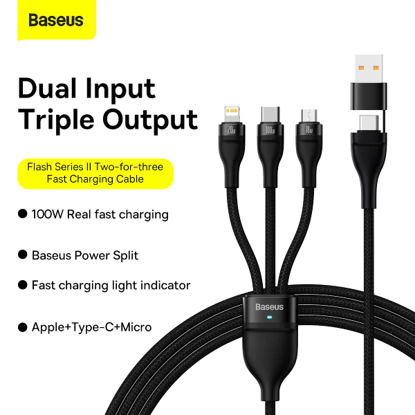 Baseus Flash Series Ⅱ Two for three Charging Cable U+C to M+L+C 100W Black