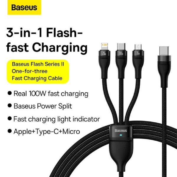 Baseus Flash Series Ⅱ Two for three Charging Cable U+C to M+L+C 100W Black