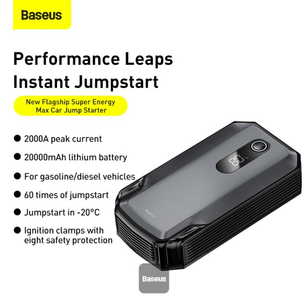 Baseus Super Energy Max Car Jump Starter 8.0L Gas 4.0L Diesel Engine 12V Portable Power Pack Automotive Battery Booster Charger with USB Port Smart Jumper Cables LED Flashlight