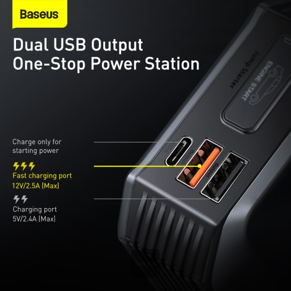 Baseus Super Energy Max Car Jump Starter 8.0L Gas 4.0L Diesel Engine 12V Portable Power Pack Automotive Battery Booster Charger with USB Port Smart Jumper Cables LED Flashlight