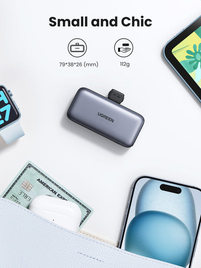 Ugreen PB503 5000mAh Power Bank With USB-C Port and Integrated USB-C Connector - Gray