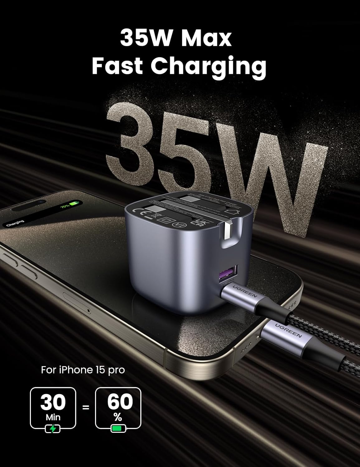 Ugreen Wall Charger Nexode GaN USB-C Port and USB Port 35W - Gray