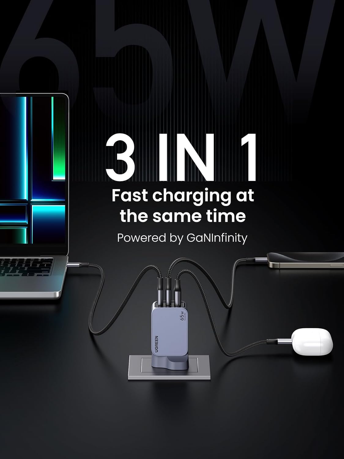 Ugreen Nexode Pro X755 65W PD GaN Fast Charger (2C1A) with 100W USB-C to USB-C Cable - Grey