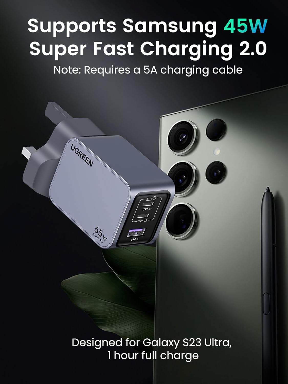 Ugreen Nexode Pro X755 65W PD GaN Fast Charger (2C1A) with 100W USB-C to USB-C Cable - Grey