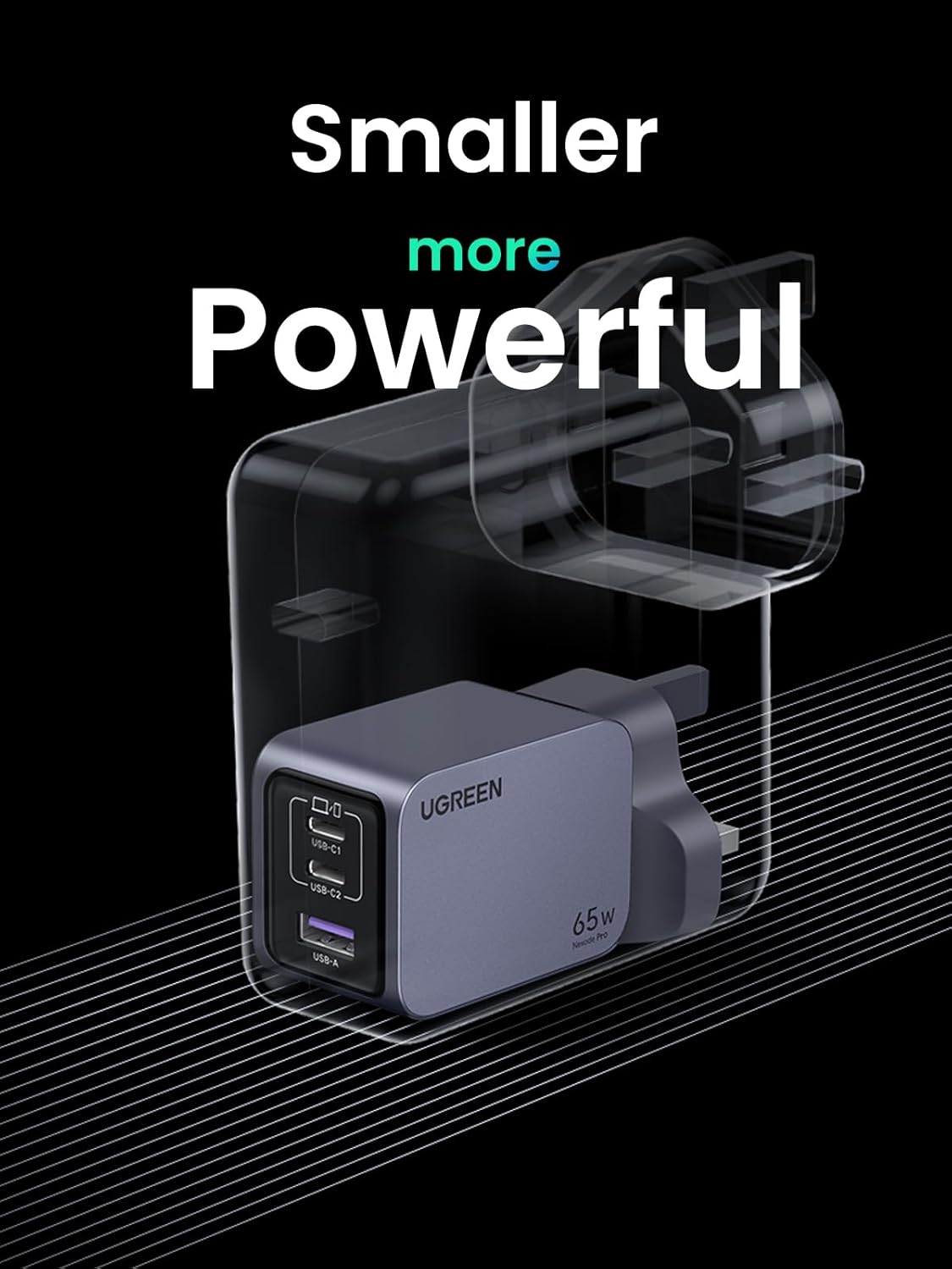 Ugreen Nexode Pro X755 65W PD GaN Fast Charger (2C1A) with 100W USB-C to USB-C Cable - Grey