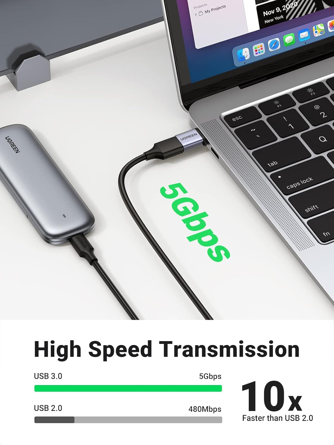 UGREEN Type C Male To USB 3.0 A Female Adaptor Cable With Lanyard - Space Gray