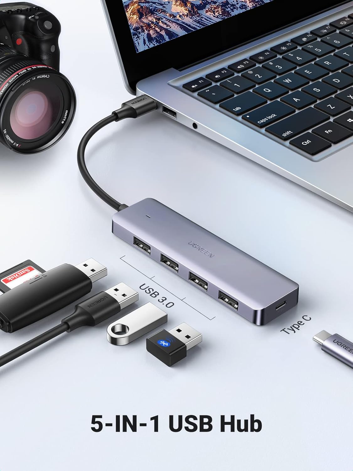UGREEN 4-Port USB3.0 Hub with USB-C Power Supply - Grey